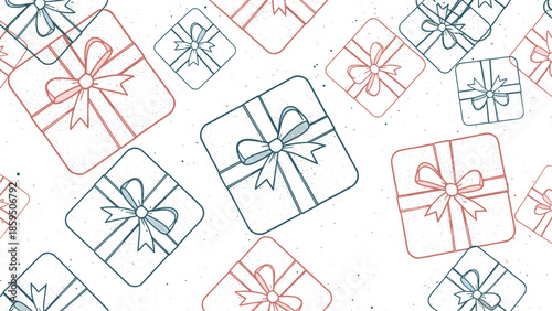 Seamless pattern of various gift boxes with ribbons and bows in blue and red colors scattered on a white background for holiday celebration.