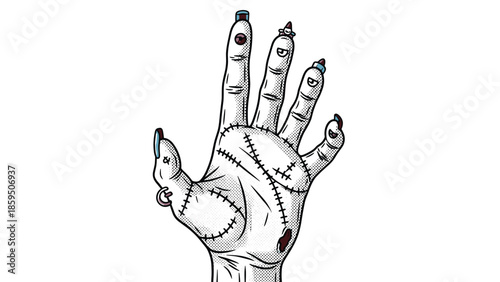 Creepy zombie hand with stitches, scars, and various eyes on the fingers in a detailed halftone and comic book style for halloween theme.