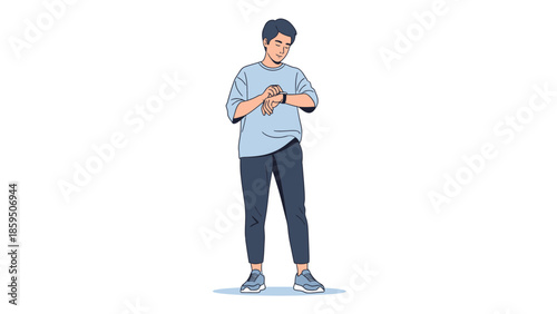 Young man checking his smartwatch while standing casually wearing casual clothing