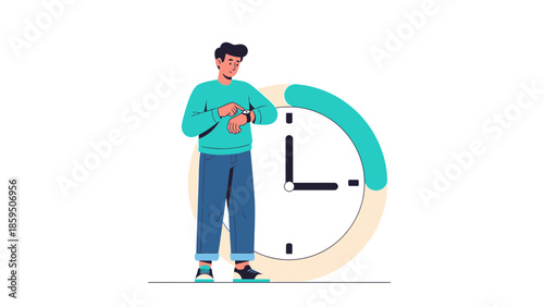 Young man checking his smartwatch next to a clock indicating time management and punctuality
