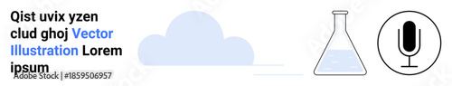 Cloud computing, scientific research, digital communication, data storage, technology, and innovation. A cloud, a lab flask and a microphone icon . Cloud computing and scientific research