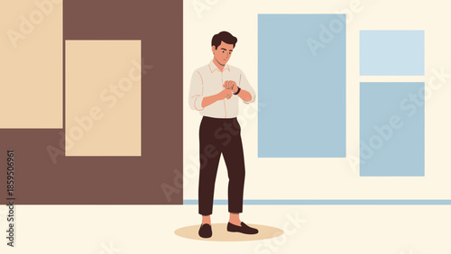Young man checking his smartwatch while standing in an art gallery with colorful framed paintings
