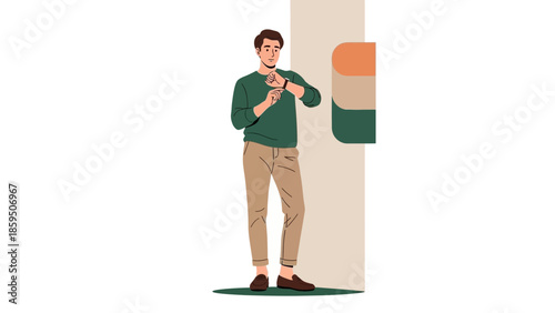 Young man checking his watch while standing near a modern wall decoration in a casual setting