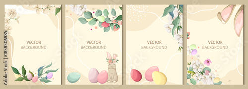 Set of abstract backgrounds with flowers, rabbits, and eggs. Vector for flyers, postcards, design, and social media.
