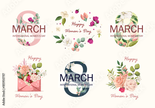 Set of elements for decoration for International Women's Day. 8 March. Vector.
