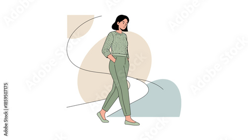 Stylish young woman walking confidently in casual outfit with abstract background design