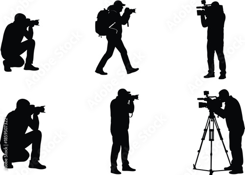 Photographer and videographer silhouette set, camera poses, black vector illustration, tripod, backpack, kneeling, standing, shooting styles