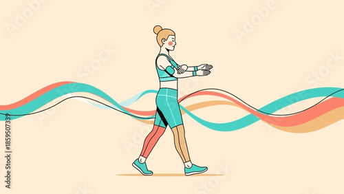 Stylized illustration of a woman engaging in fitness walking with colorful wave patterns in the