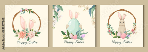 Happy Easter. Set of cute posters with rabbits and flowers. Vector.
