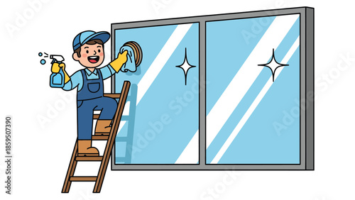 Cartoon Window Cleaner on Ladder Polishing Glass with Spray Bottle