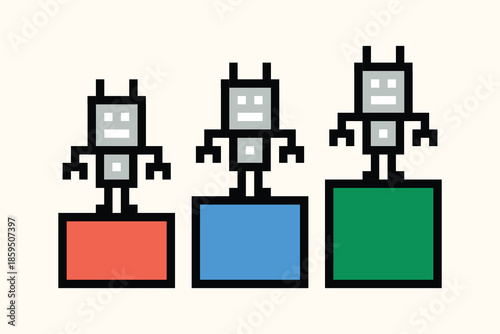 Cartoon pixel art of humanoid robot toy robotic cyborg engineer bot machine business vector character background artificial intelligence vector.