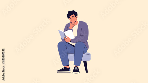 Thoughtful young man sitting on chair reading a book and contemplating deeply