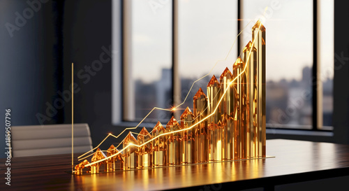 Golden Bar Graph Showing Financial Growth and Business Success on Office Desk.