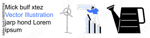 Environmental sustainability, digital technology, growth, energy, green solutions, eco-living. Wind turbine, person using a search bar and a watering can. Sustainability and digital technology