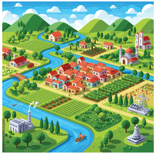 Fotografie country landscape with ricefield and houses in the hill vector illustration