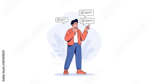 Young man analyzing and making decisions with multiple chat messages on a digital device