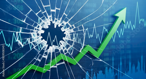 Green Arrow Breaking Through Glass with Stock Market Chart Background.