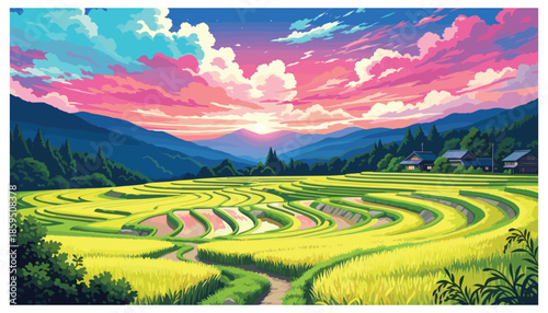 Obraz na plátně country landscape with ricefield and houses in the hill vector illustration
