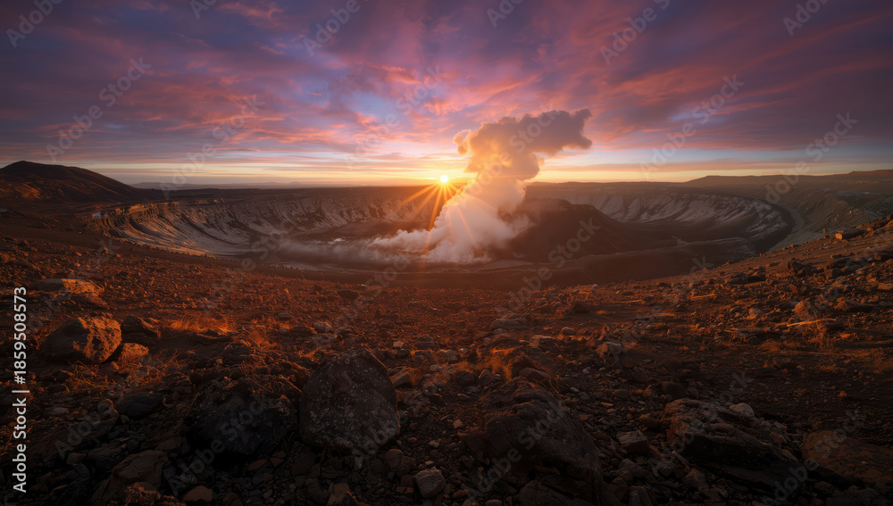 Fototapeta premium Sunrise crater steam vent dramatic volcanic landscape with colorful sky
