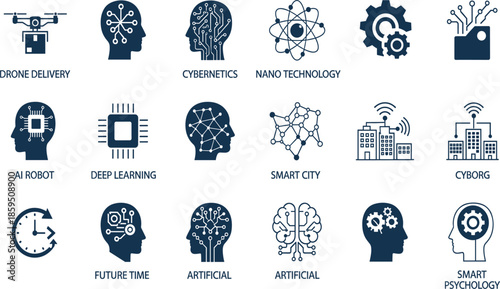 Professional future technology icon set featuring drone delivery cybernetics nanotechnology smart cities and deep learning for advanced software engineering.