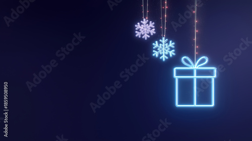 Neon Christmas gift box and snowflakes on a dark blue background