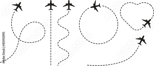 Collection of black vector silhouettes flying airplanes and dashed lines