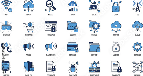 Professional network security icon set featuring data encryption cloud safety firewall protection and secure server management for enterprise IT infrastructure.