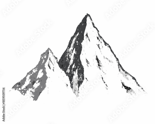 A striking black and white illustration of majestic mountain peaks and slopes