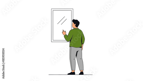 illustration of a young man looking at a mirror wall with casual attire in a minimalistic style