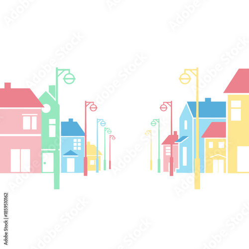 Colorful Houses and Streetlights on a White Background.