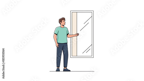 Illustration of a young man opening a glass door representing new opportunities and transitions in