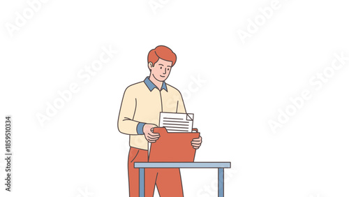 Illustration of a young man sorting and organizing documents at a table in a minimalistic office