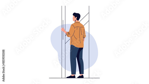 illustration of a young man standing at an elevator door in a modern minimalistic style