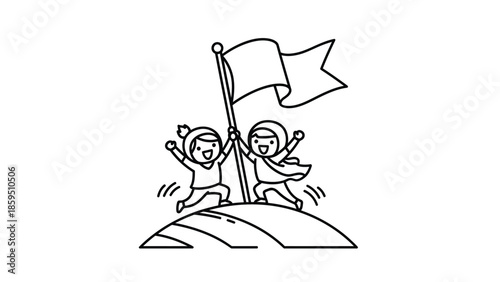 Children Celebrating Victory on a Hill with Flag Outline Drawing