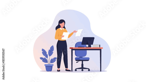 Professional Woman Analyzing Documents at Her Desk in a Modern Office Environment