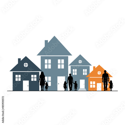 Family standing in front of houses real estate concept.