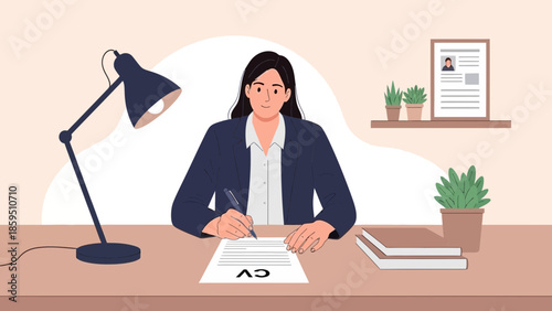 Professional woman signing official document at modern office desk with decor and lighting