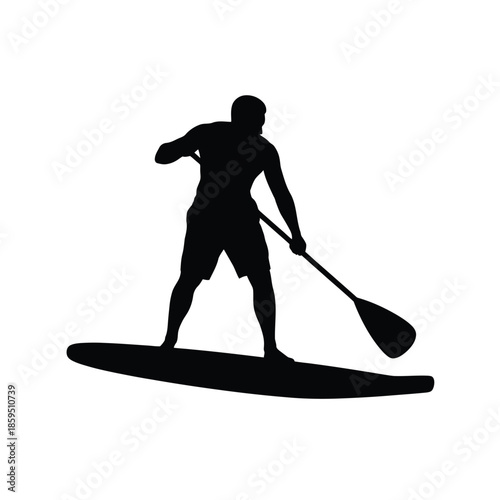 Silhouette of a man paddleboarding on a calm dark water surface