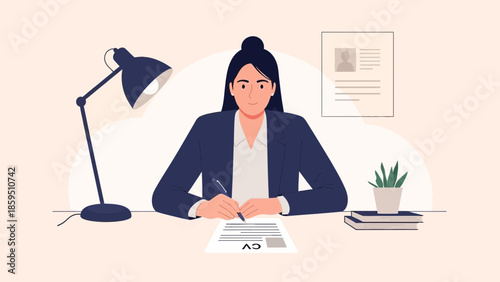 Professional woman working at office desk with documents and plant in modern workspace
