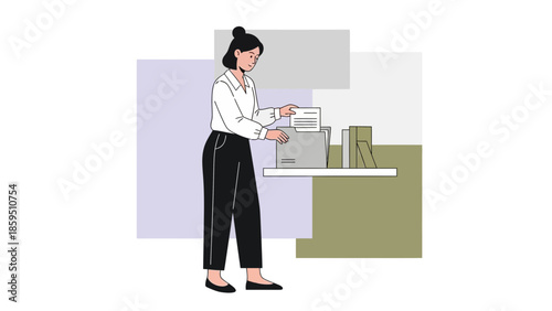 Professional woman working at office with filing cabinet and documents in a modern workspace