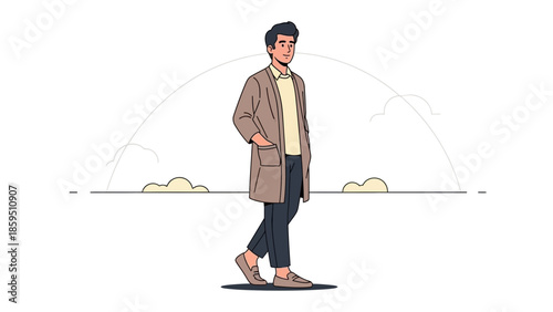 Stylish Young Man Walking Outdoors with Casual Fashion and Minimalist Background