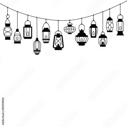 A decorative string of ornate black lanterns on a white background