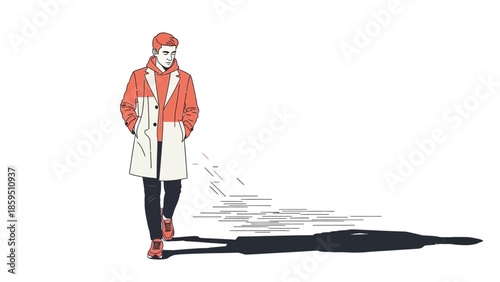 Stylish young man walking with confidence in modern casual outfit on white background
