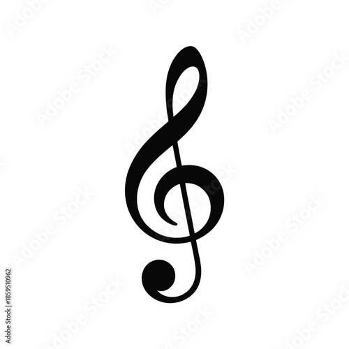 A simple black treble clef symbol prominently displayed on a white background
