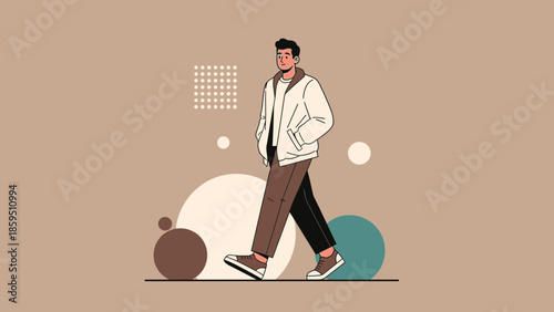 Stylish young man wearing casual clothing walking confidently in a modern abstract background