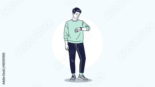 Young man checking the time on his wristwatch while standing casually in a minimalistic style