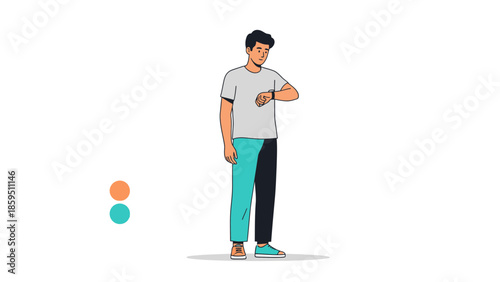 Young man checking time on smartwatch while standing isolated on white background