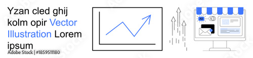 Business growth, data analysis, e-commerce, online strategy, market trends, digital marketing. Chart with an upward trend and a computer with an online storefront. Business growth and e-commerce