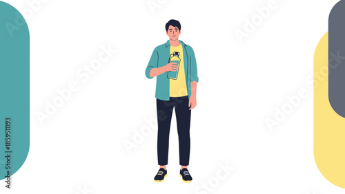 Young Man Engaged in Social Activity Holding a Smartphone and Standing Calmly