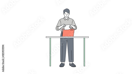 Young man engaged in a hands-on activity at a table with a focus on manual work and craftsmanship